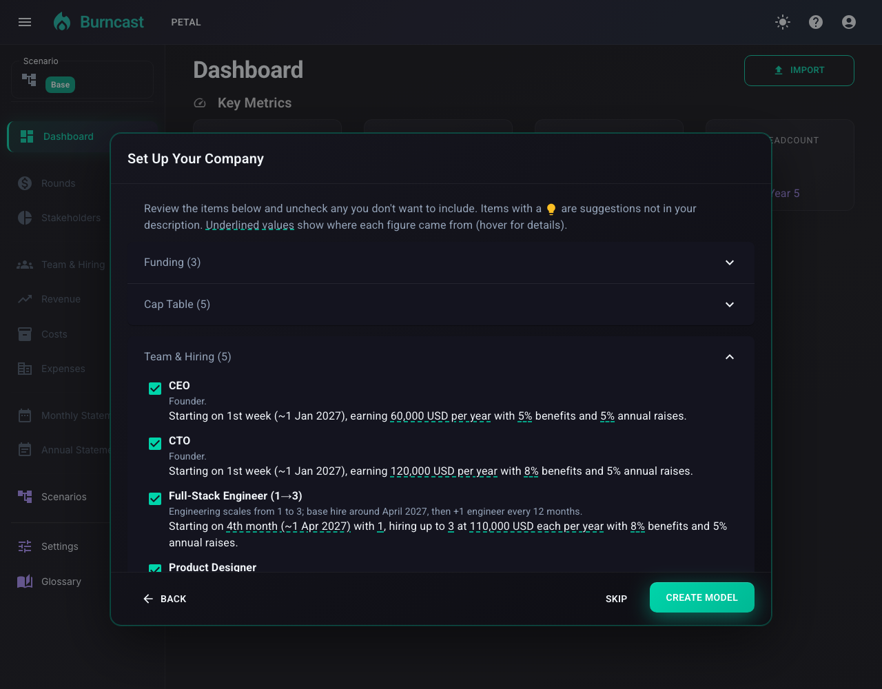 Review step showing recognized team members, revenue sources, and funding rounds