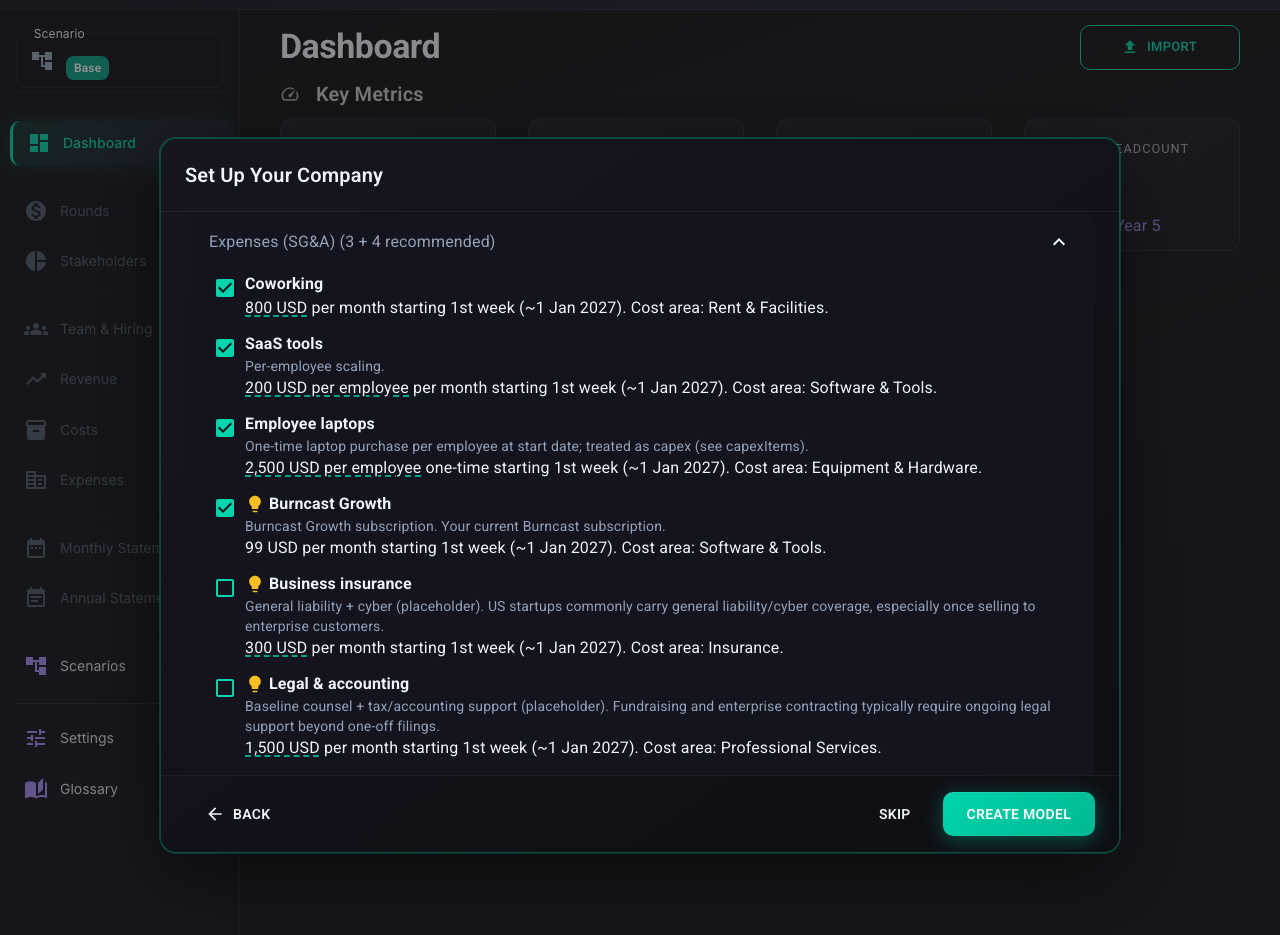 Burncast setup dialog showing recognized and suggested expenses after AI import